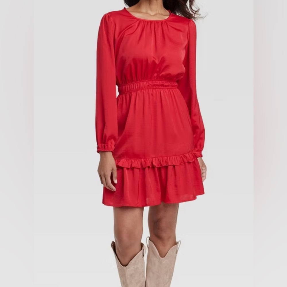 4/$25 Knox Rose Long Sleeve Ruffled Mini Satin Dress Red Small
